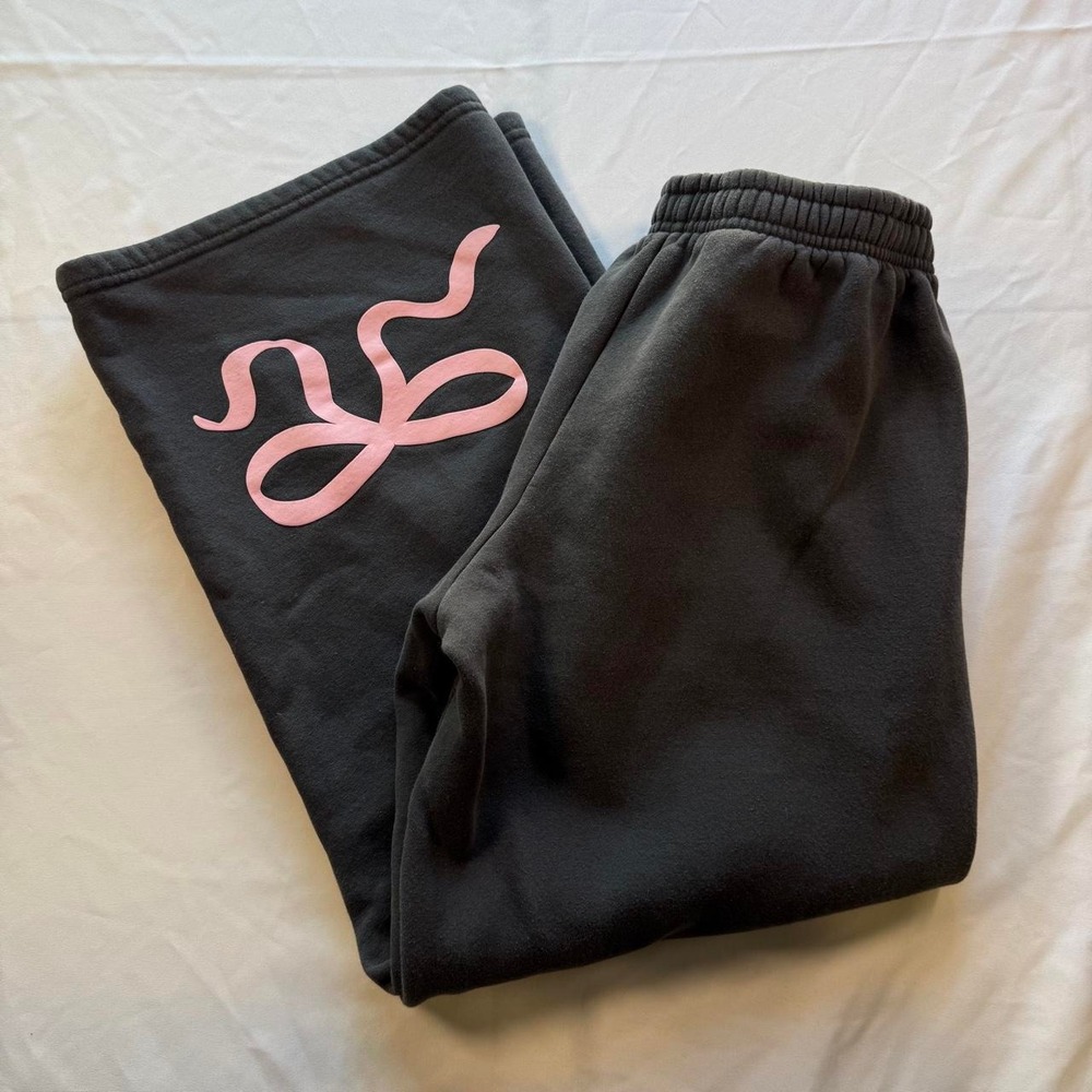 Edikted Charcoal Grey Pink Bow Print Loose Fit Wide Leg Sweatpants Small
